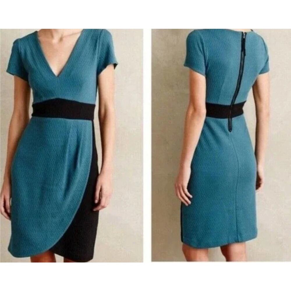 Maeve Anthropologie Cap-Sleeve Sheath Teal and Black Knit Dress Large Textured